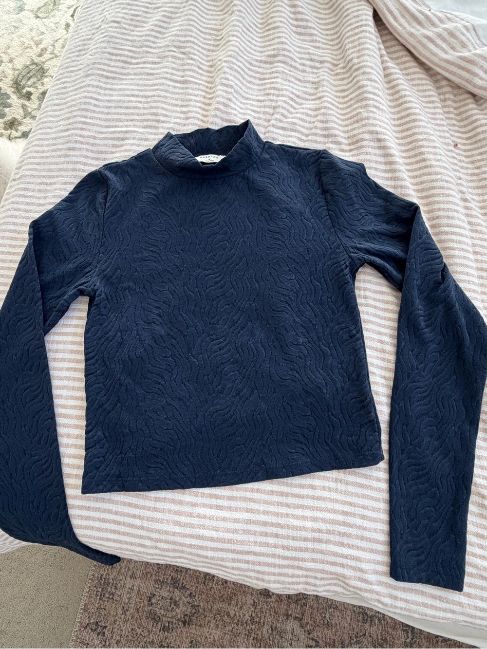 Babaton Navy Textured Mock Neck Long Sleeve Top